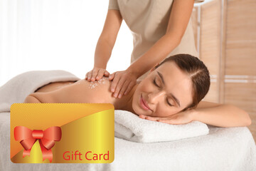 Spa salon gift card. Happy young woman having body scrubbing procedure