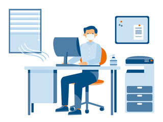 換気をしながらマスクで働くサラリーマン （シンプルカラー）