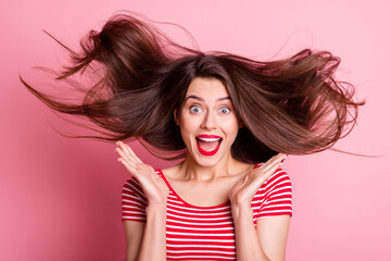 Photo of astonished pretty person arms palm up open mouth unbelievable news isolated on pink color...