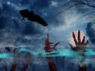 Scary monsters arising from graves at old foggy cemetery under full moon on Halloween night