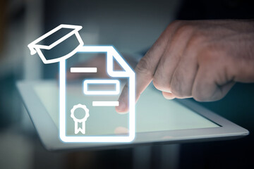 Online learning concept. Diploma icon on foreground and man using tablet, closeup