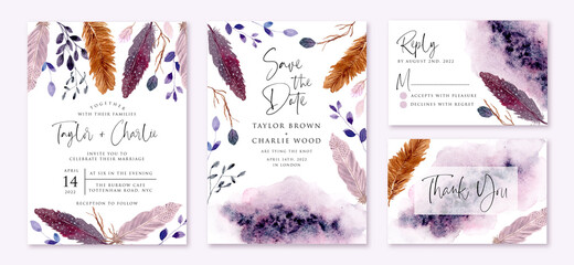 wedding invitation set with rustic purple feather and leaves watercolor