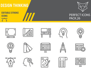 Design thinking line icon set, ideation collection, vector sketches, logo illustrations, design thinking icons, design signs linear pictograms, editable stroke.