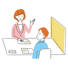 手書き線画カラーイラスト　窓口で説明を受ける若い男性