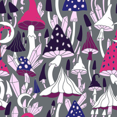 Bright, hallucinogenic, decorative, fantastic mushrooms. Vector pattern where each mushroom has its own pattern. Psychedelic mushroom seamless pattern on gray background backdrop. Vector hand drawn