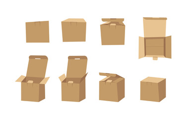Fototapeta premium Square Carton Assembly Box for Technological and Electronic Products. Cartoon Style Illustration Delivery Packaging. Flat Graphic Design Forwarding Clip Art. Vector Collection Mockup Isolated