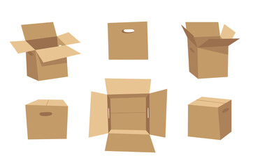 Carton Open and Closed Recycling Box with Perforation for Hands. Cartoon Style Illustration Delivery Handle Packaging. Flat Graphic Design Forwarding Clip Art. Vector Collection Mockup Isolated 