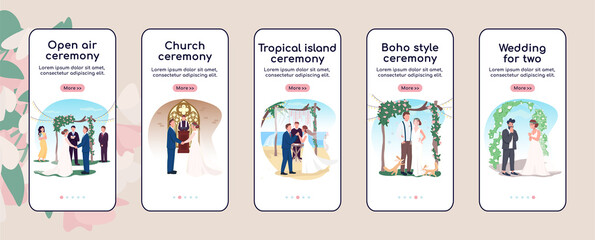 Wedding ceremony onboarding mobile app screen flat vector template. Newlyweds celebrate marriage. Walkthrough website steps with characters. UX, UI, GUI smartphone cartoon interface, case prints set