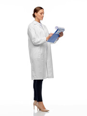 medicine, profession and healthcare concept - female doctor or scientist in white coat with clipboard and pen