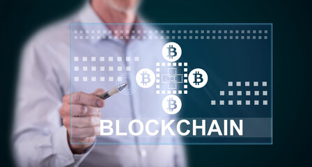 Man touching a blockchain concept