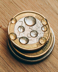 Sweat drops on coins - hard earned money with sweat and blood