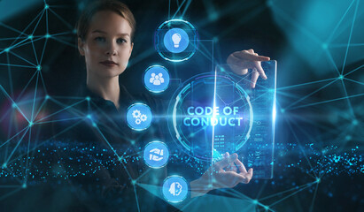 Business, Technology, Internet and network concept. Young businessman working on a virtual screen of the future and sees the inscription: Code of conduct