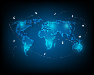 Fototapeta na wymiar Money transfer business network symbol on world map