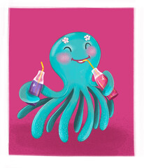 Octopus drinks lemonade. Cute ocean animals. Cute cartoon character. Cute cartoon animals.