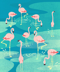 Obraz premium Pink cute flamingo in stylish style. Exotic summer print. Summer, spring background.