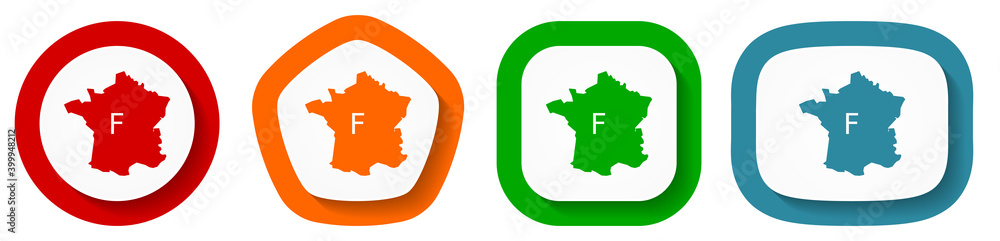 Poster map of france vector icon set, flat design buttons on white background