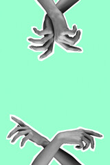 Vertical contemporary art collage. Female hands isolated over green background.