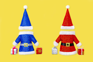 Fototapeta na wymiar Christmas composition. Red, blue costumes of Santa Claus, which carry gifts for New Year - holiday boxes tied with ribbon with bows. Isolated on yellow illuminating background - color of the yea