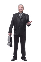 Happy business man standing with briefcase isolated over white b