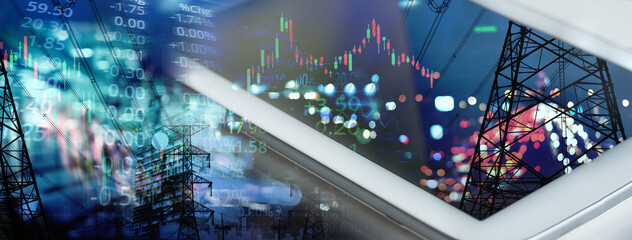 mobile phone or tablet with graph line of stock market trading business banner background