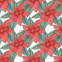 Seamless christmas pattern with watercolor poinsettia flower. Star.