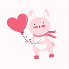 Happy Valentine's day greeting card or banner. Pink rabbit with balloon in the shape of a heart. Cartoon character animal in love. Happy romantic bunny with valentine card. Declaration of love.
