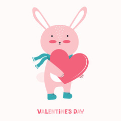 Happy Valentine's day greeting card or banner. Cute pink rabbit with big red heart. Cartoon character animal in love. Happy romantic bunny with valentine card. Declaration of love. Vector illustration