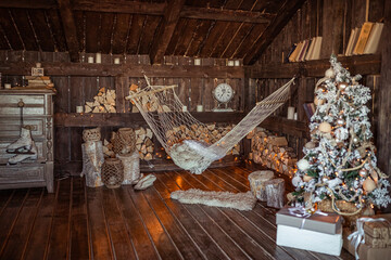 new Year's interior, cozy beautiful attic, decorations for the new year, dark hall, Christmas tree, fireplace, hammock