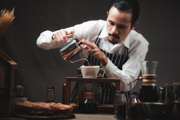 Portrait of a young woman Asian barista, coffee cafe worker concept