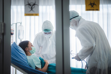 Infected patient in quarantine lying in bed in hospital, coronavirus COVID-19 concept