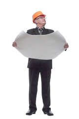 Portrait of architect with plans looking at camera