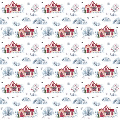 Watercolor pattern. Christmas house in a winter landscape on a white background. Perfect for scrapbooking. The designer paper.