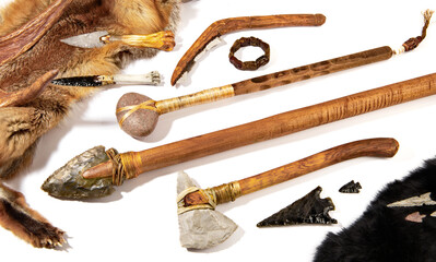 Stone Age Tools isolated on white Background - Panoramic View