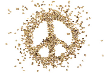 Hemp seed hippie peace sign, symbol isolated on white background, top view