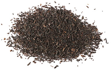 Dry black tea leaves pile isolated on white background, top view