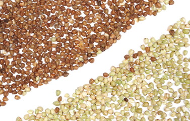 Buckwheat seeds frame and border line, separated heaps isolated on white background, top view