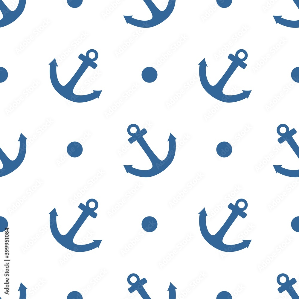 Poster tile sailor vector pattern with blue anchor and polka dots on white background