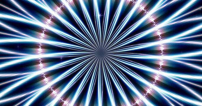 Glowing laser beams against a dark background with twinkling stars emanating from the center of the frame create a flower shape