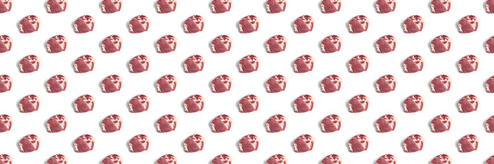 background with raw pork meat slices on white background, raw food background, not pattern, banner wide shoot