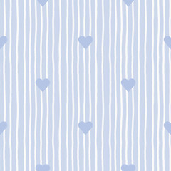 Delicate vector seamless pattern with blue hearts and uneven hand-drawn lines. Cute background for boys nursery bedroom.