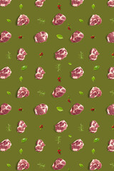 background with raw pork meat slices on olive green background, raw food background, not pattern, poster