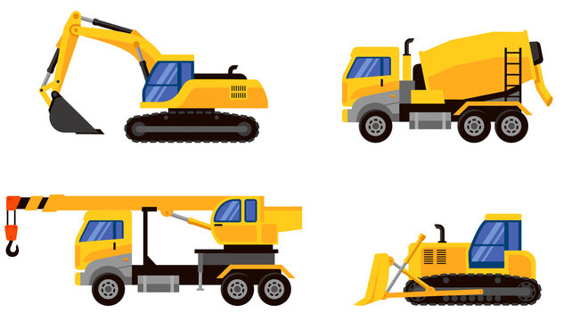 Different types of heavy machinery side view. Vehicles for executing construction tasks.