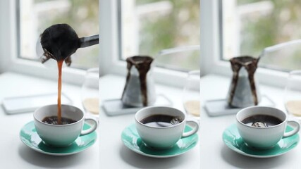 Caucasian female hand pours hot black aromatic coffee into ceramic white cup from Cezve. Morning cozy breakfast. Vertical video set - Powered by Adobe