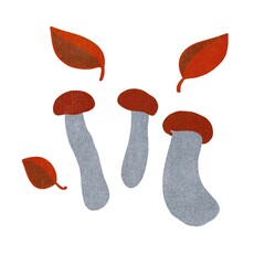 Three mushrooms with a bright brown cap on a gray stem and three leaves of different sizes in flat style. Bright set of mushrooms and leaves on a white background. Illustration for your design.