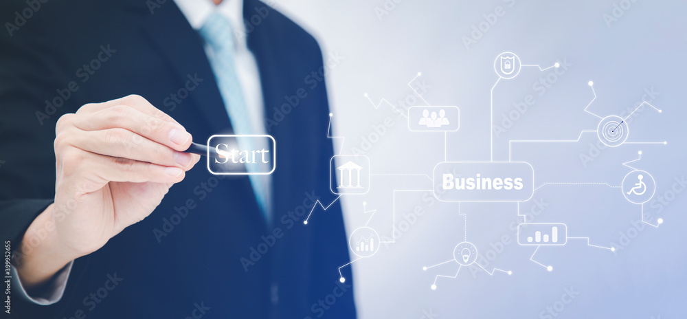 Poster businessman using pen touch start in graph screen icon of a media screen, technology process system 