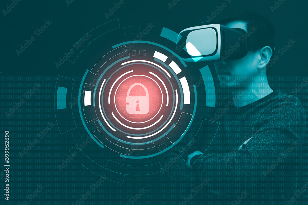Poster businessman hacker man wearing virtual reality goggles in graph screen code of a media screen on the