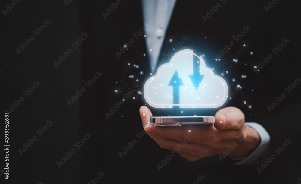Poster businessman holding tablet or mobile connect to data information on the cloud icon computing network