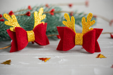 Baby felt hair bows, headbands. Christmas hair clips. Christmas bow Rudolph. Reindeer hair clip. New Year hair accessories. Made of felt.