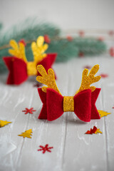 Baby felt hair bows, headbands. Christmas hair clips. Christmas bow Rudolph. Reindeer hair clip. New Year hair accessories. Made of felt.