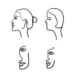 Set of face and half face silhouette. Vector hand drawn one line illustration. People's head side view. Simple line art portrait